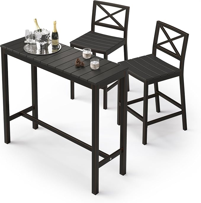 Outdoor Bar Height Table and Chairs Set, 3 Piece Black Top and Bronze Leg Patio by COZYMAN