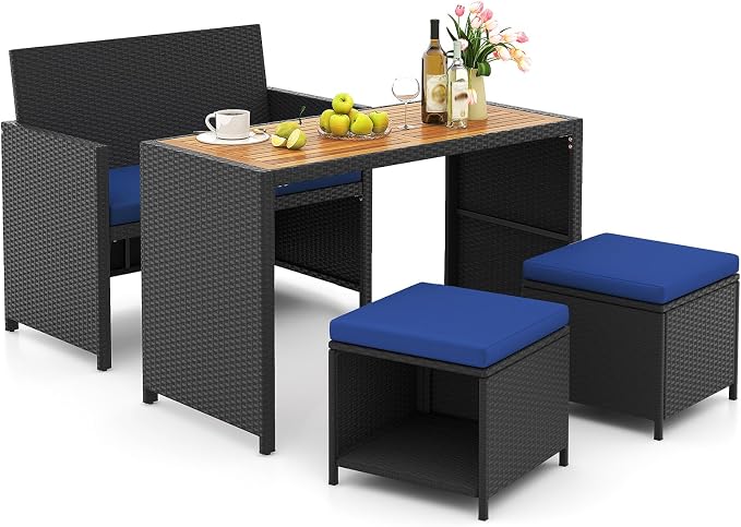 Tangkula 4 Pieces Patio Dining Set, Space Saving PE Rattan Loveseat by TANGKULA