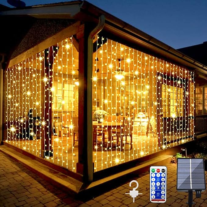 Upgraded Solar Curtain Lights Outdoor Garden Fairy String Lights 300 LED 8 by Whywhife