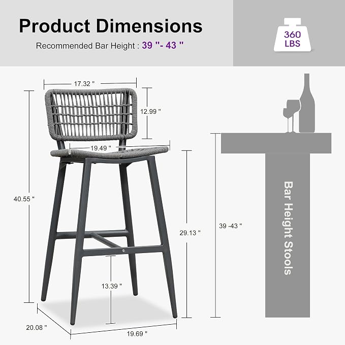 PURPLE LEAF Bar Stools Set of 4 Patio Wicker Bar Height Metal Chairs Boho High - Image 3