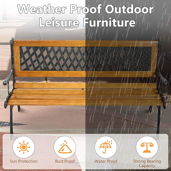 Giantex 50'' Patio Bench, Outdoor Furniture Cast Iron Hardwood Frame Porch - Image 6
