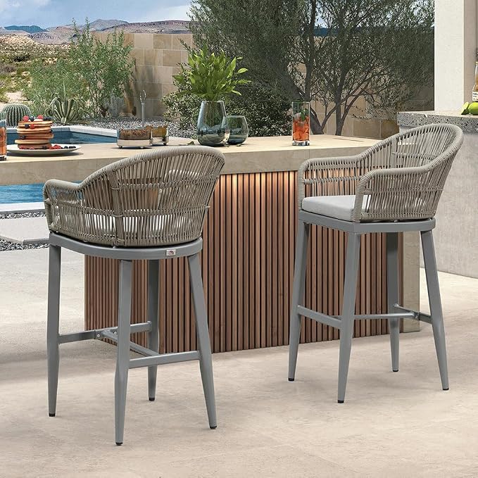 PURPLE LEAF Outdoor Bar Height Stools Set of 2 Patio Metal Modern Wicker Rattan - Image 8