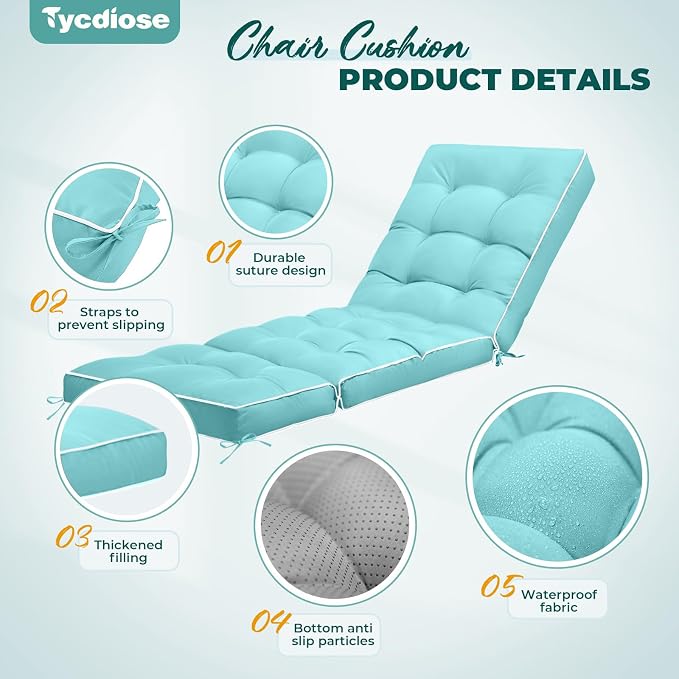 Outdoor Chaise Lounge Chair Cushion, Waterproof Non-Slip Patio Chaise Lounge - Image 5