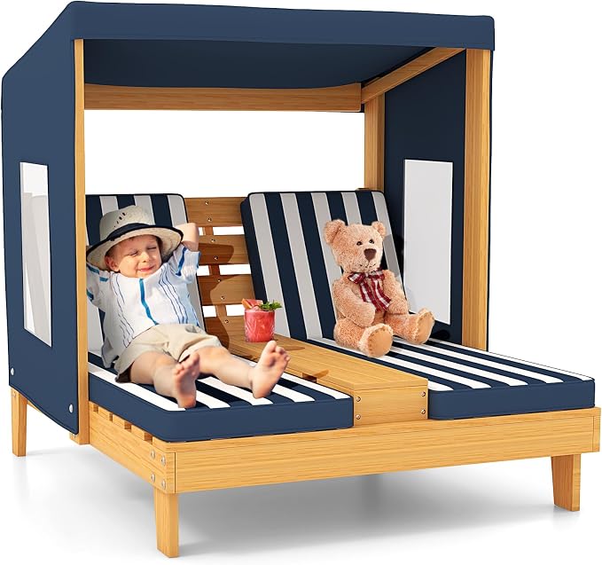 Costzon Kids Lounge Chair Outdoor, Wood Double Seat Chaise Lounge by Costzon