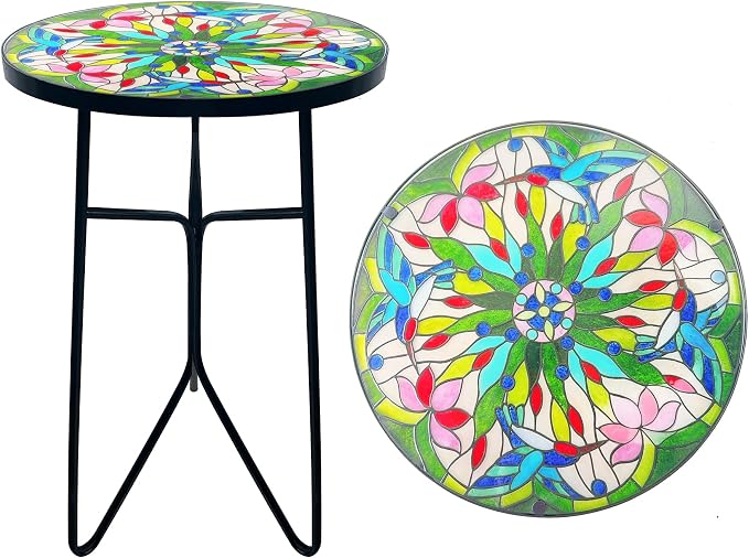 Mosaic Bird Outdoor Side Tea Table, Glass Plant Tables Indoor Decorative Metal by GZXYGY