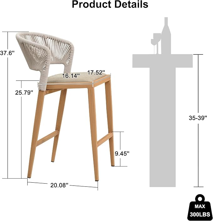 PURPLE LEAF Counter Height Bar Stool Set of 2 Outdoor Stool Chair - Image 3