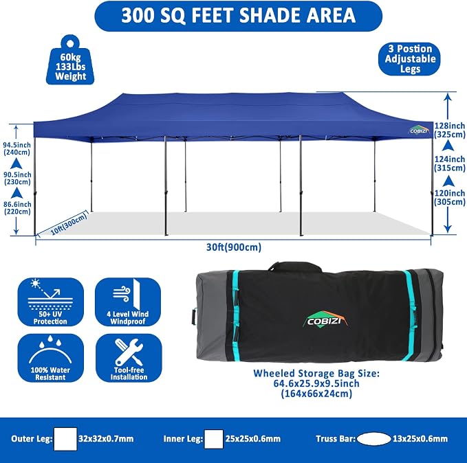 COBIZI 10x30 Pop Up Canopy Without Sidewall, Heavy Duty Canopy UPF 50+ All - Image 4