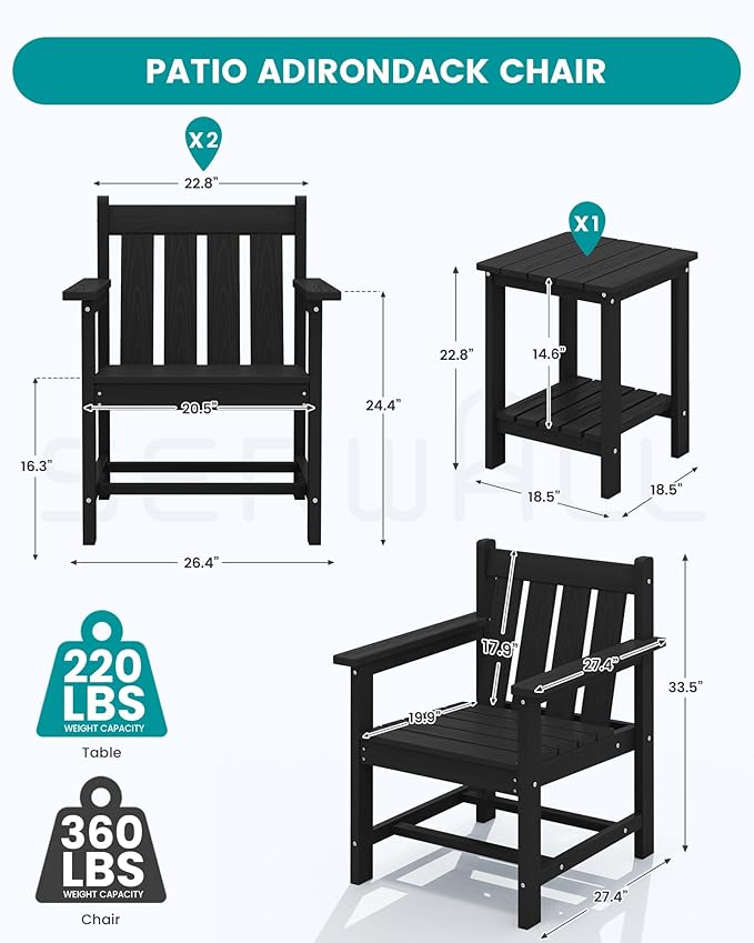SEWRWALL 3 Pieces Patio Bistro Set, All Weather Adirondack Chair Set - Image 2