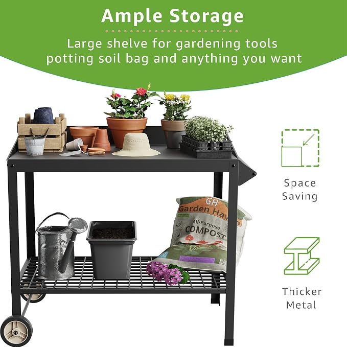 Metal Potting Bench with Wheels Planting Table - Image 5
