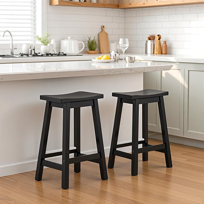 PayLessHere Bar Stools Set of 2, Wooden Saddle Stools 24 Inch Heigh, Bar Chairs - Image 8