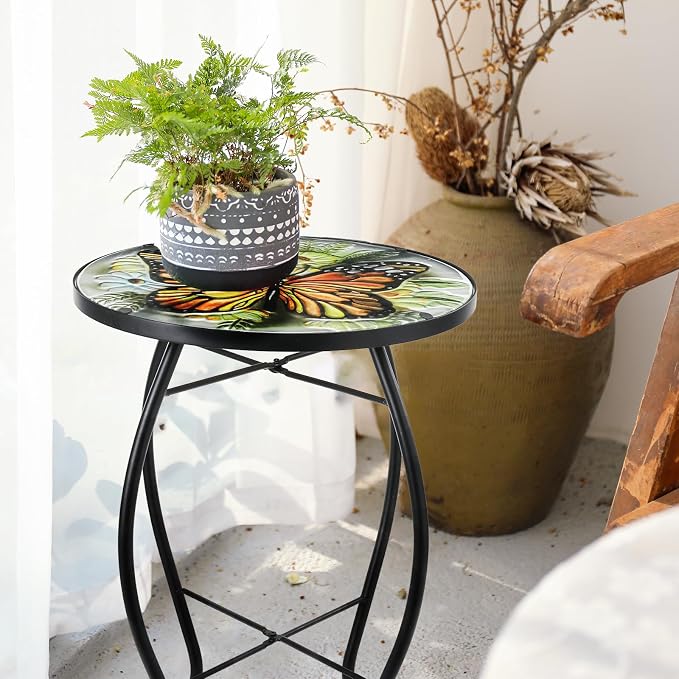VCUTEKA Patio Side Table Outdoor Accent Table Small Mosaic Table Coffee Table - Image 2