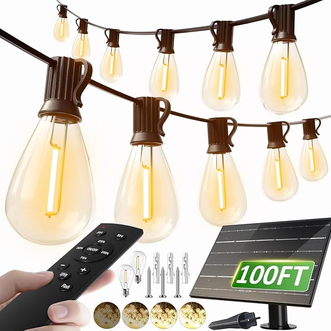 luckystyle 100FT Solar String Lights Outdoor Waterproof 2200K by luckystyle