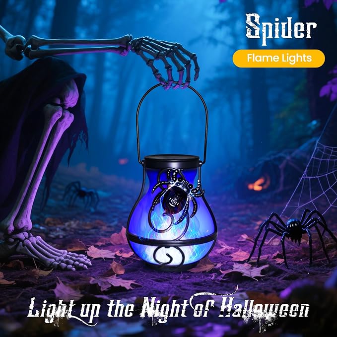 2 Pack Halloween Lights Outdoor Spider Hanging Solar Lantern Flickering Flame - Image 2