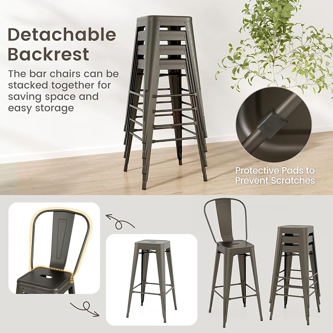 Giantex Metal Bar Stools Set of 4, Rubber Feet, Industrial Stackable Barstools - Image 6