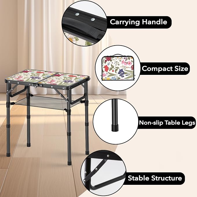 Small Camping Table, Vintage French Flowers Pattern Folding Table, Adjustable - Image 5