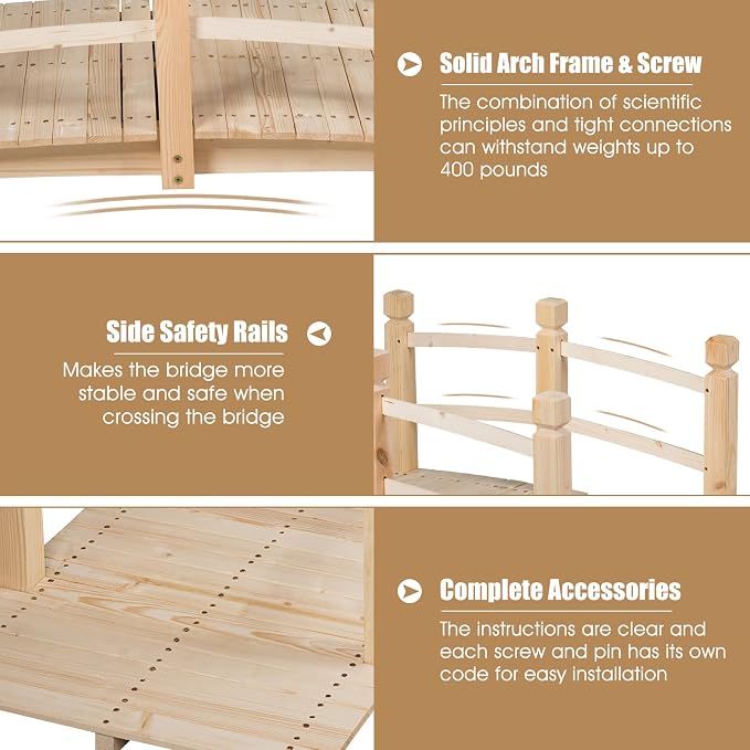 Giantex 5 FT Wooden Garden Bridge, Classic Wood Arc Footbridge - Image 4
