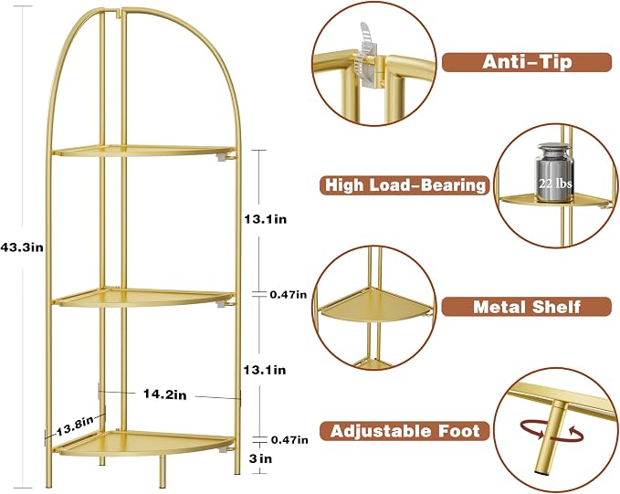 Crofy Foldable 3 Tier Corner Shelf, Metal Corner Plant Stand - Image 3