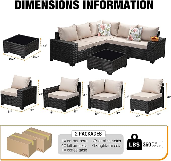 6 Pieces Patio Furniture Set All-Weather Outdoor Wicker Sectional Conversation - Image 3