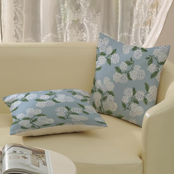 Light Blue Pillow Covers 20x20 Inch 2 Pcs Blue Green Hydrangea Flower Decor - Image 4