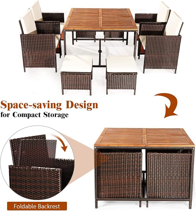 Tangkula 9 Pieces Acacia Wood Patio Dining Set, Space Saving Wicker Chairs and - Image 7