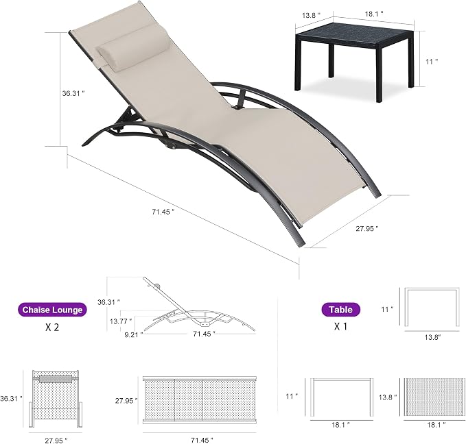 PURPLE LEAF Patio Oversized Chaise Lounge Chair Set - Image 8