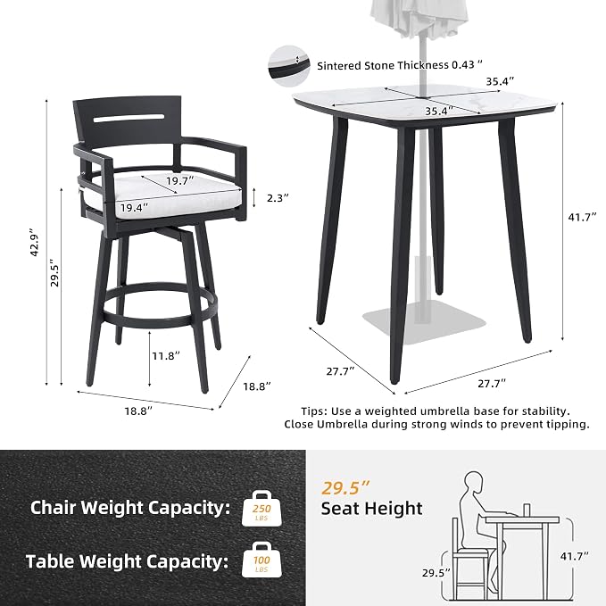 Modern 5PCS Outdoor Patio Bar Set, Rounded Square Sintered Stone Table & 4 - Image 2