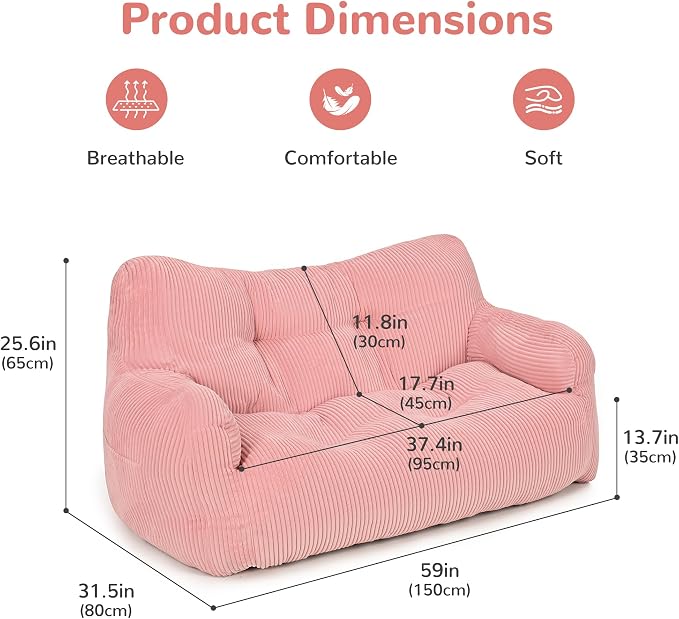 Pamapic 59" Bean Bag Chair, 2 Seat Loveseat Sofa, Ultra Soft Dutch Velvet - Image 2