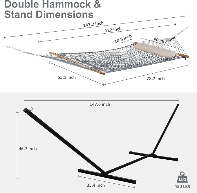 SUNCREAT Rope Hammock with Stand Included, Portable Double Hammock with Soft - Image 6