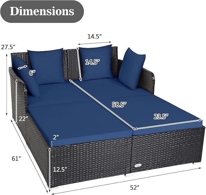 Outdoor Rattan Daybed, Patio Loveseat Sofa Set w/Comfortable Cushions, Extra - Image 2