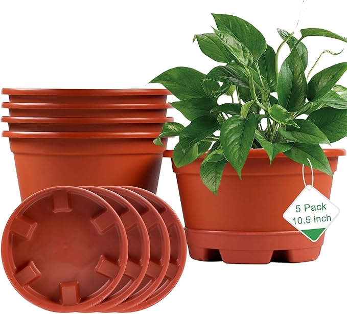 5 Pack 10.5 inch Plant Pots, Planter-Pots-for-Plants-Indoor-Outdoor，Plastic by KPUVX