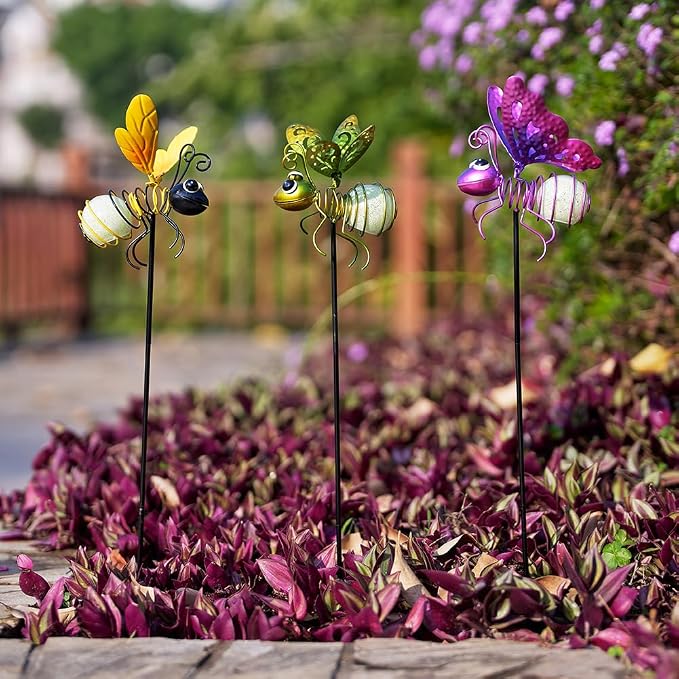 Garden Decor for Outside, Glow in The Dark Bee Lights Metal Yard Art, - Image 6