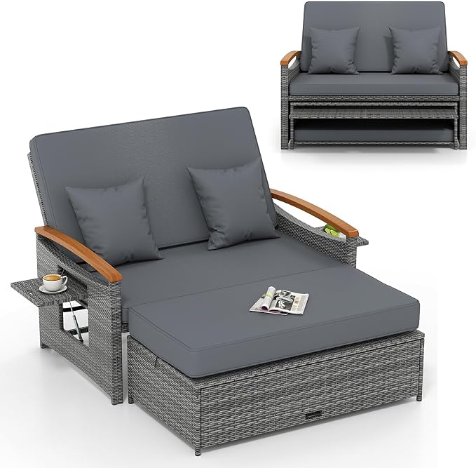 LDAILY Moccha Outdoor Wicker Daybed, Patio Rattan Loveseat Sofa w/ 4-Level by LDAILY