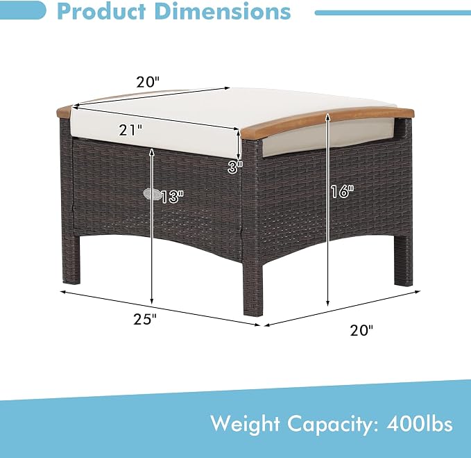 Tangkula 2 Piece Patio Rattan Ottomans, Outdoor Wicker Footstool w/Acacia Wood - Image 4