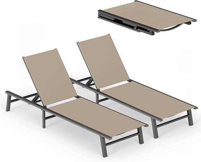 Ciokea Foldable Outdoor Lounge Chair Set of 2, No Assembly Aluminum Chaise by CIOKEA