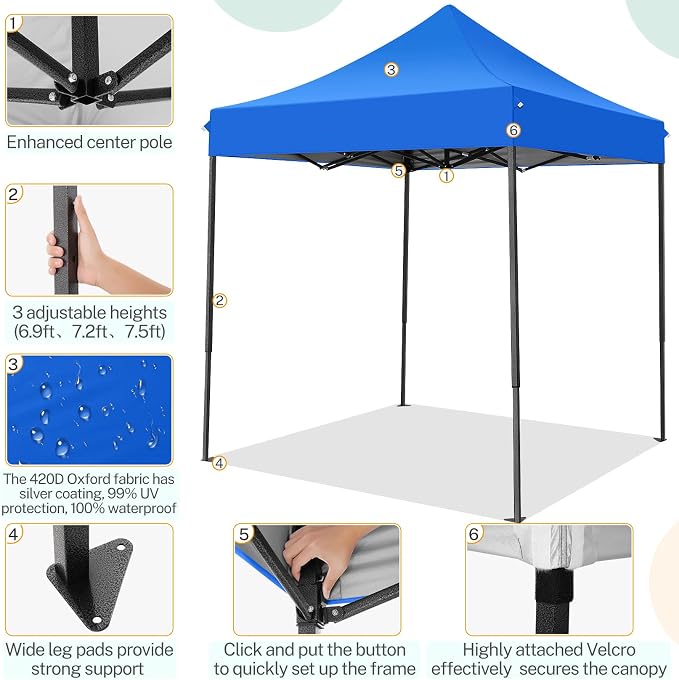 COBIZI 6.6x6.6 Pop up Canopy Tent Heavy Duty Without Sidewalls, Easy Set-up - Image 3