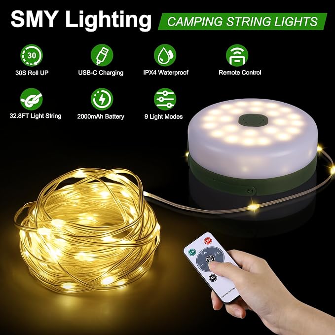 SMY Lighting 3 in 1 Camping String Light Rechargeable, Warm White Portable - Image 6