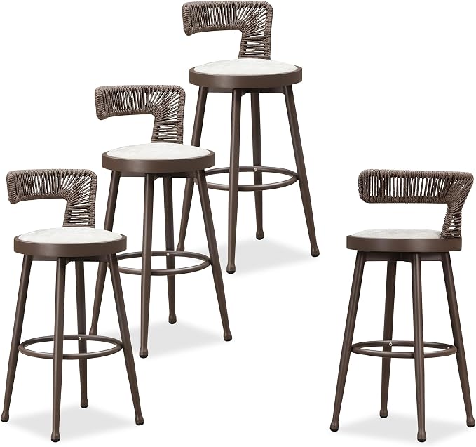 PURPLE LEAF Outdoor Swivel Bar Height Stools Set of 4 Metal Modern Wicker Bar by PURPLELEAF