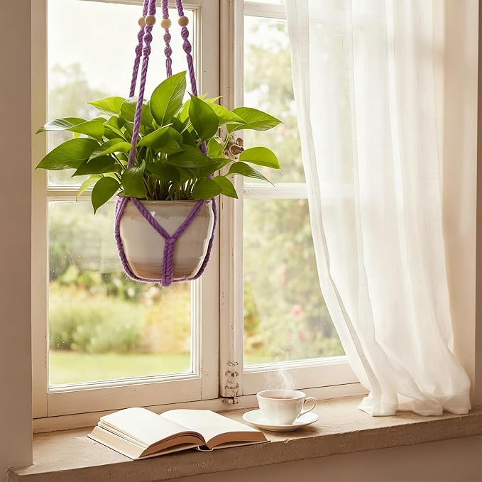 Macrame Plant Hanger, Wood Beads Cotton Hanging Planter Holder - Image 8