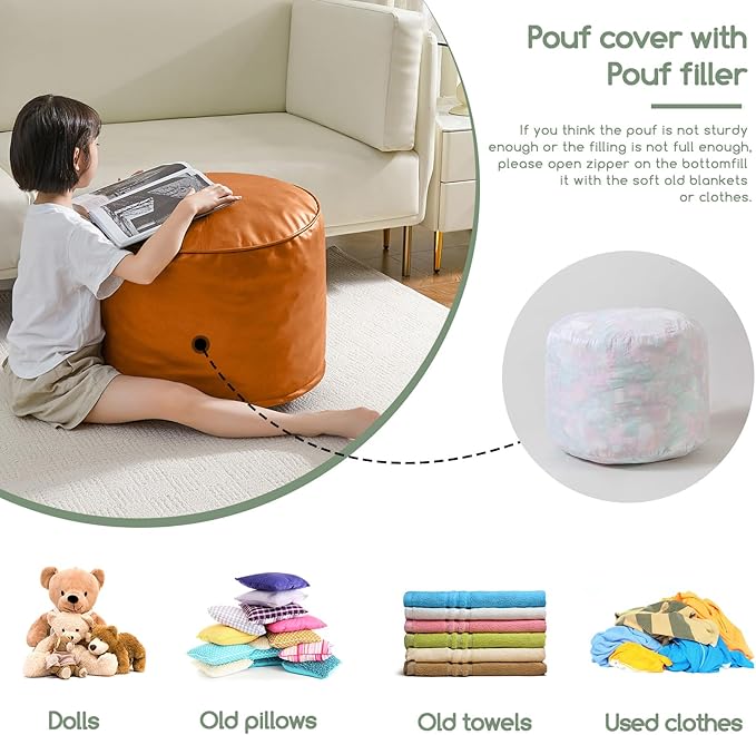 HIGOGOGO Round Stuffed Pouf Ottoman, Pu Leather Poufs - Image 5