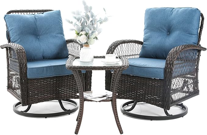 3 Pieces Patio Furniture Set, Outdoor Swivel Glider Rocker, Wicker Patio Bistro by VonzoyHome