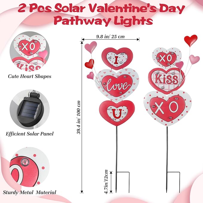 Lewondr 2 Pcs Valentine's Day Decorations Outdoor, Metal Solar Pathway Lights - Image 5