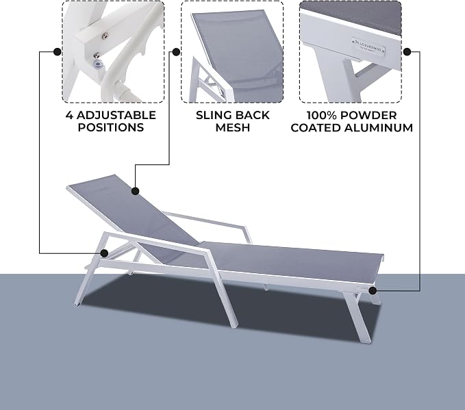LeisureMod Marlin Patio Chaise Lounge Chair, Adjustable Outdoor White Aluminum - Image 4