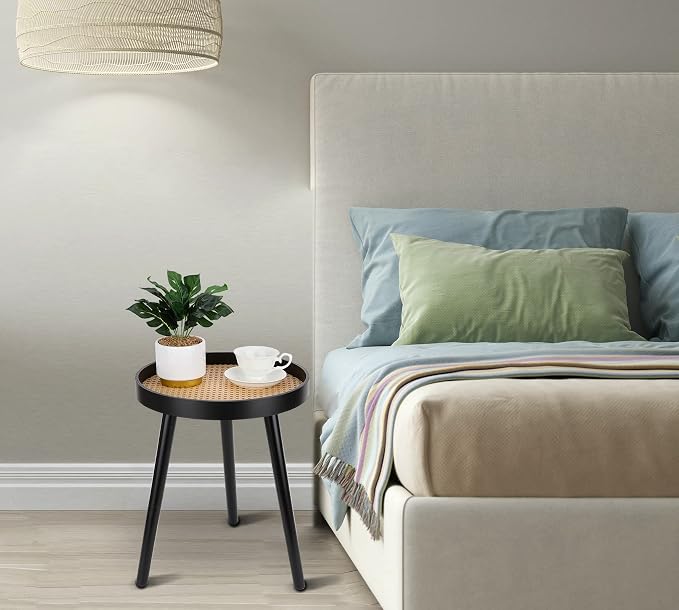 Rattan Round Side Table, Modern Boho Bedside Mid-Century Patio Side End Tables - Image 7