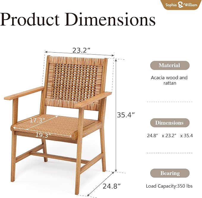 Sophia & William Patio Dining Chairs Outdoor 2 Pieces Hand Woven Wooden Rattan - Image 6