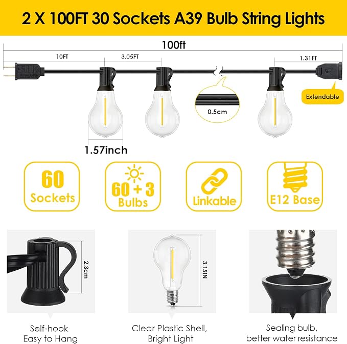 200FT Outdoor String Lights, LED Patio Lights - Image 4