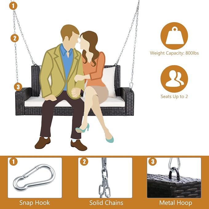 DORTALA Hanging Porch Swing, 2-Person Outdoor Wicker Swing Chair Bench - Image 3