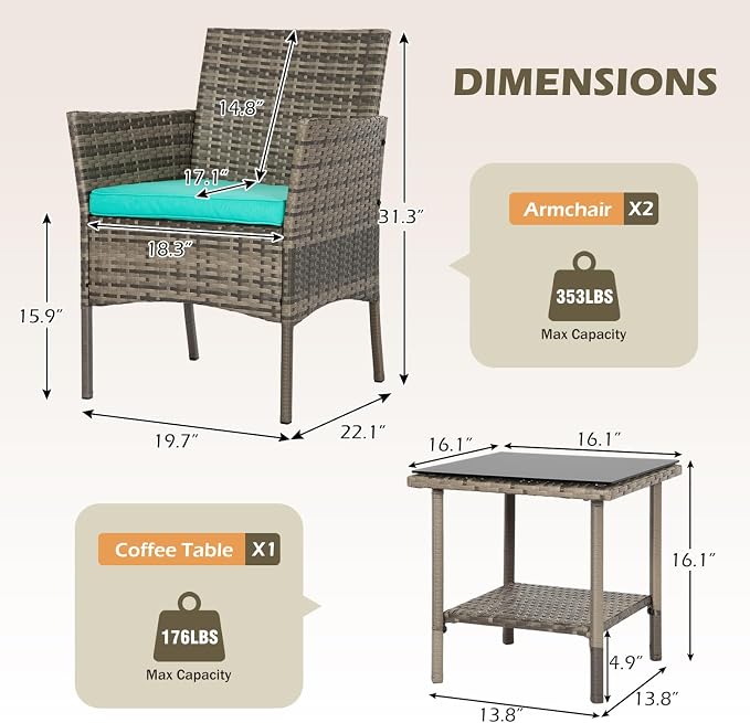 FDW 3 Piece Outdoor Furniture Set Patio Gray Wicker Chairs Furniture Bistro - Image 3
