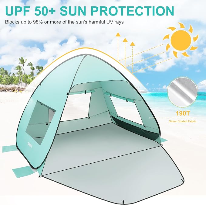 TOBTOS UPF 50+ Pop Up Beach Tent, Easy Set Up Beach Umbrella, Sun Shelter - Image 4