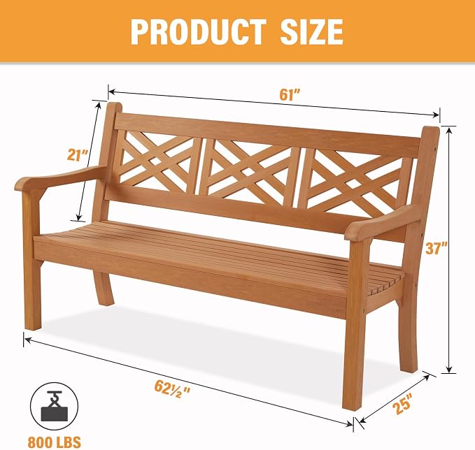 Psilvam 63''W All-Weather Poly Lumber Outdoor Bench – Teak Color, 3-Person - Image 3