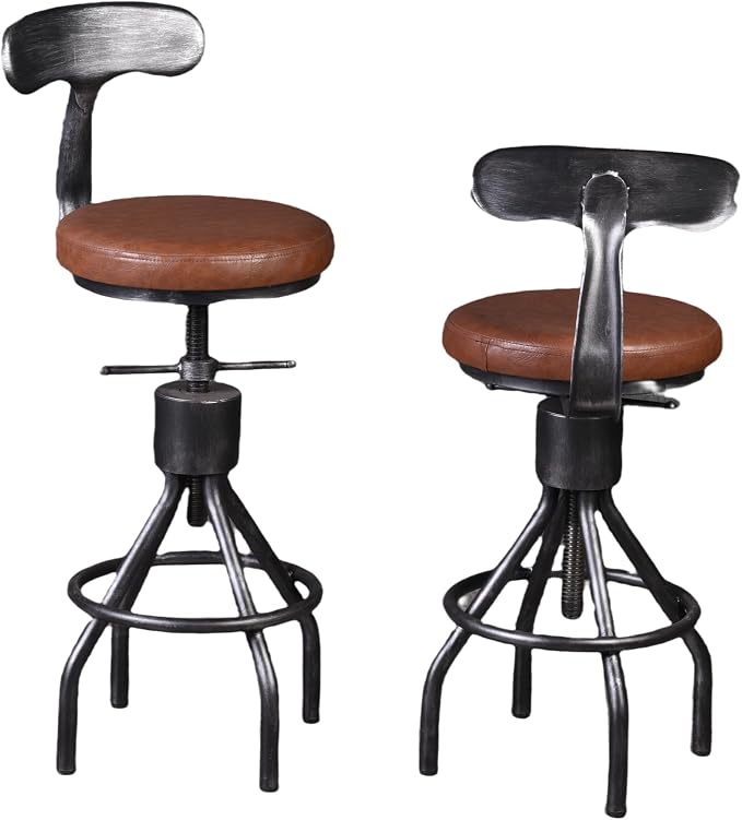 Set of 2 Industrial Leather Bar Stools-Adjustable Swivel Metal Bar Stool-24-30 - Image 4
